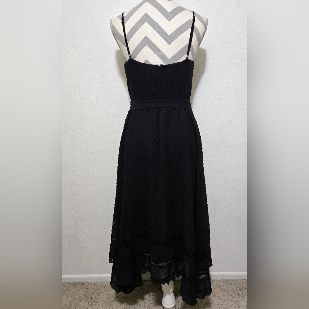 AQUA Black Midi Dress Swiss Dot Lace Inset Handkerchief Hem Tie Waist Small - Picture 8 of 15